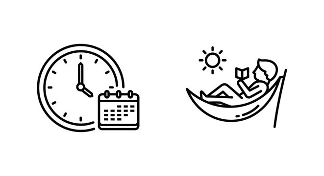 Time availability and lifestyle leisure icon set showing office hours clock calendar and a person relaxing in a hammock with availability business schedule calendar appointment vacation