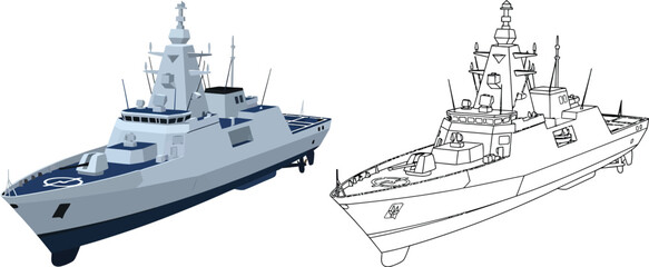 Modern warship illustration and blueprint a detailed vector design for naval technology concepts isolated on white © Naveed