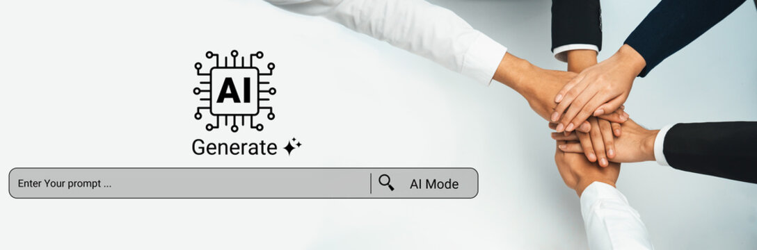 This image captures the essence of teamwork and collaboration, showcasing diverse hands united over an AI-themed search bar, symbolizing innovation and digital progress. Ledger