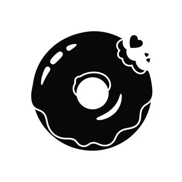 Black donut with a bite taken out and a heart above it on white background