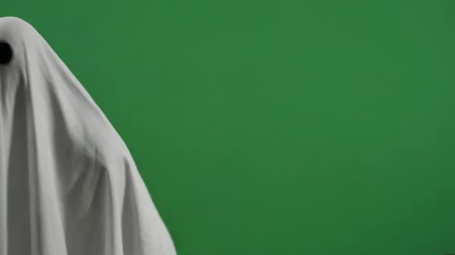 Ghost in white sheet on green.