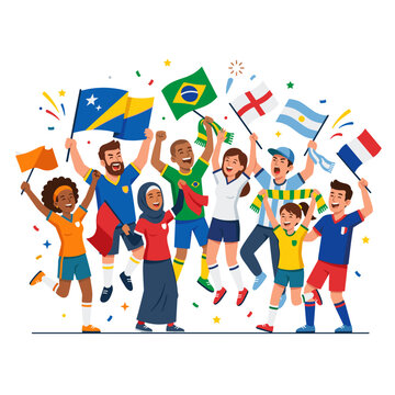 Diverse group of football fans cheering with flags from various countries.