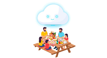 Obraz premium family having picnic under smiling cloud happy outdoor meal