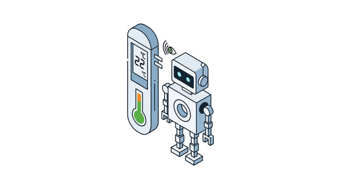 Isometric Robot Monitoring Digital Thermometer for Smart Home Climate Control and AI Temperature Automation Concept