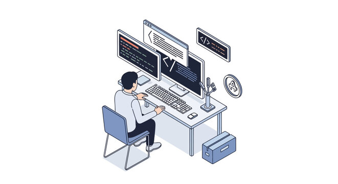 Isometric Software Developer Working at a Desk with Dual Monitors and Web Development Coding Interface Illustration