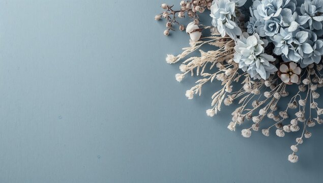 Elegant artificial floral arrangement featuring soft blue and white flowers with dried botanical elements beautifully displayed on a serene light blue textured background for decorative purposes.