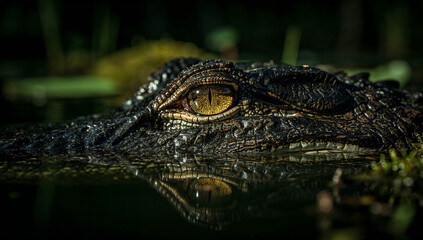Fototapeta premium Close-up of an alligator eye and scaly skin, wild reptile in natural habitat.