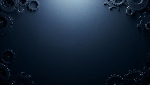 A dark industrial background featuring various mechanical gears and cogs arranged in the corners, providing a sophisticated framework for technology, engineering, and intricate systems.