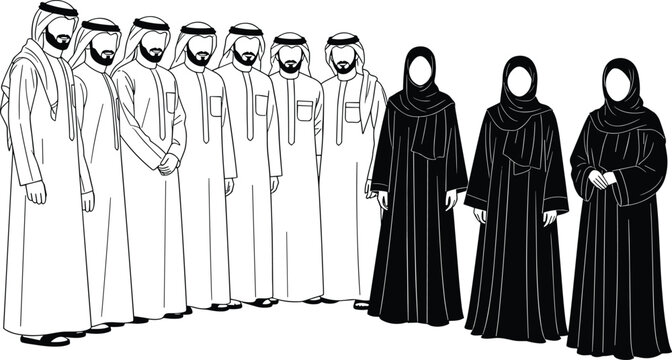 Middle Eastern people vector illustration featuring men in traditional thobe and ghutra and women in abaya and hijab standing in a group