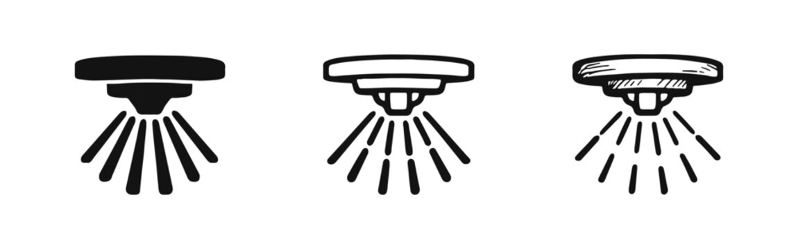 Automatic fire sprinkler icon set in solid, outline, and hand-drawn styles