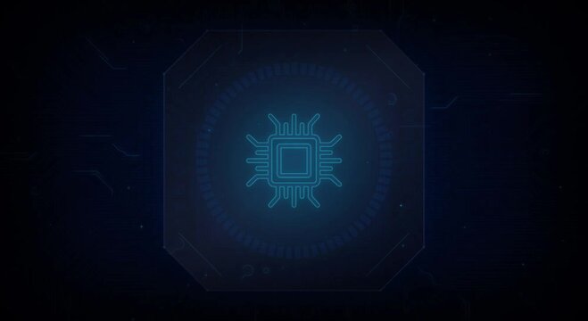 Blue Neon Microchip Centered Glowing Circuit Connections.