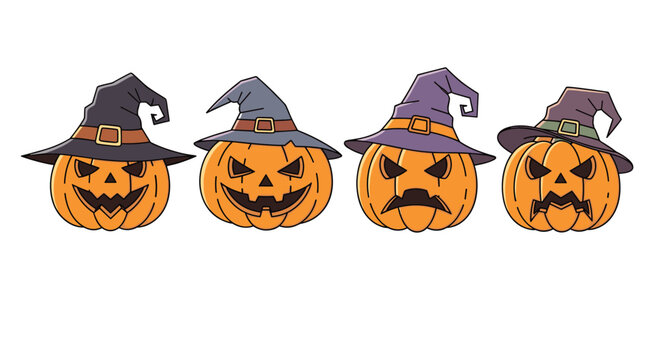 Set of four different carved jack-o-lanterns wearing colorful witch hats with various spooky and funny expressions for Halloween decor.
