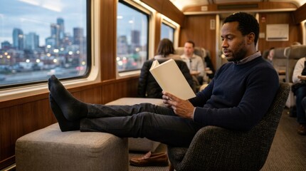Obraz premium African American man in his 30s with dark skin reads a book while relaxing with his feet up on a train traveling past a city.