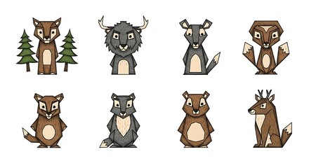 Fototapeta premium A Group of Cartoon Forest Animals in Geometric Vector Illustration Style Together