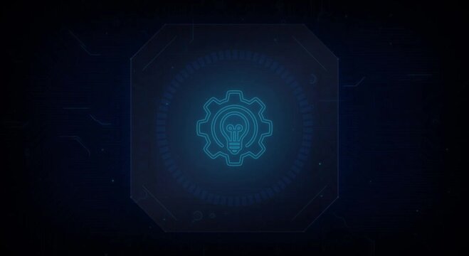 Glowing Blue Gear Icon Surrounded by Digital Circuitry.
