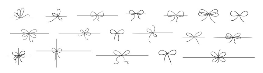 Naklejka premium Minimalist bow ribbon icon set, hand drawn doodle gift knot collection, thin outline decorative elements, simple line design for holiday and packaging on transparent background