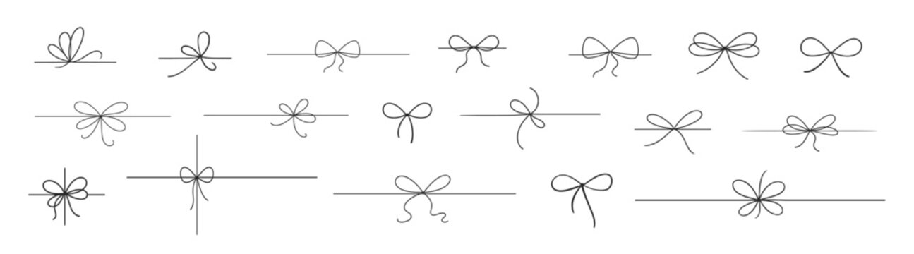 Minimalist bow ribbon icon set, hand drawn doodle gift knot collection, thin outline decorative elements, simple line design for holiday and packaging on transparent background