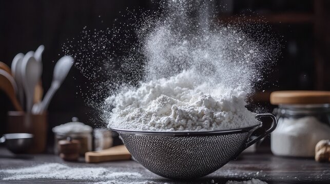 Flour sift cloud particles billowing through metal sifter mesh creating ethereal white powder effect dark countertop professional studio lighting dramatic contrast