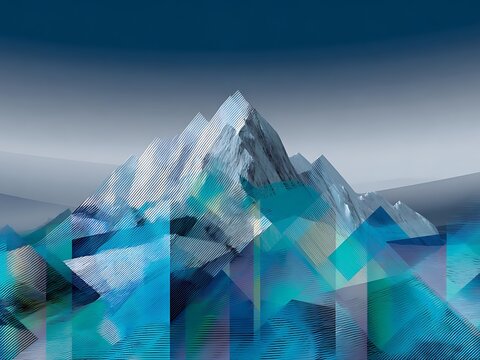 Abstract geometric mountain landscape, blue and green stylized hills digital art