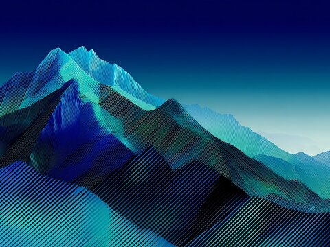 Abstract geometric mountain landscape, blue and green stylized hills digital art