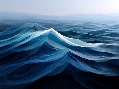 Abstract low poly stormy ocean waves with white foam under dark sky