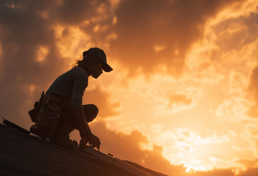 T&eacute;cnico trabajando con un port&aacute;til junto a paneles solares al atardecer. T&eacute;cnico con un port&aacute;til en una azotea junto a paneles solares al atardecer.