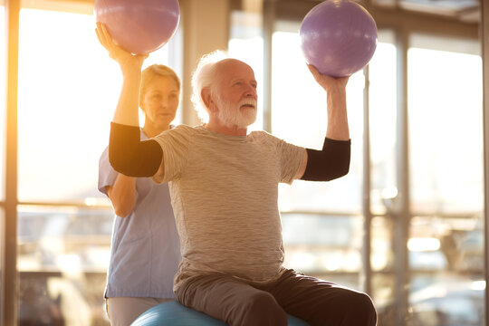 Sesi&oacute;n de rehabilitaci&oacute;n para adultos mayores con equipamiento de entrenamiento funcional. Un adulto mayor levanta peque&ntilde;as pelotas de ejercicio bajo la gu&iacute;a de un especialista en una sala luminosa