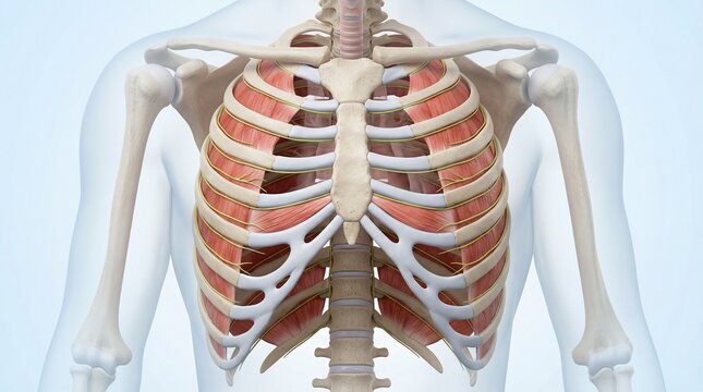 Thoracic cage anatomy with intercostal muscles and ribs, human chest structure