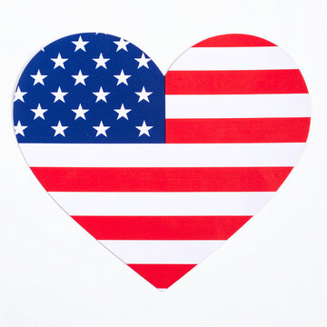 Heart shaped American flag on white background, symbol of love for country, patriotism and national pride concept, freedom and independence