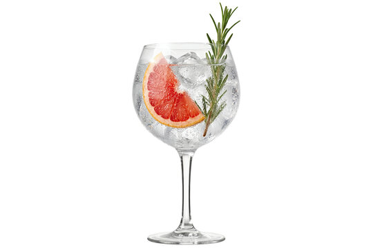 pink grapefruit and rosemary gin and tonic cocktail in a balloon glass with ice on a transparent background