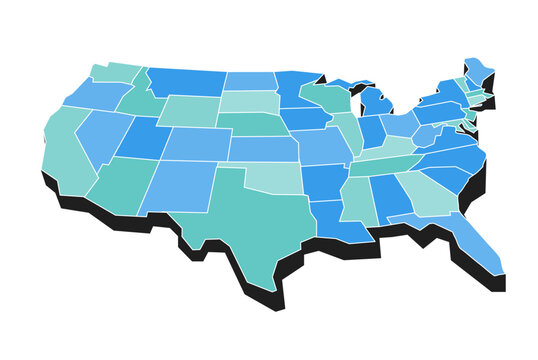 Stylized 3D map of the United States with individual states highlighted in different shades, suitable for geographic, statistical, political, and data visualization purposes.