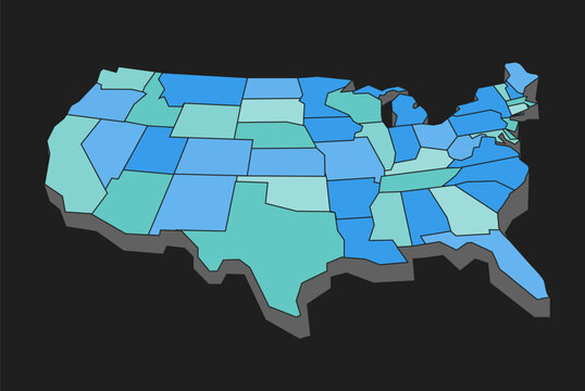Stylized 3D map of the United States with individual states highlighted in different shades, suitable for geographic, statistical, political, and data visualization purposes.