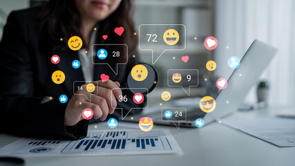A business professional analyzes social media metrics while interacting with vibrant digital...