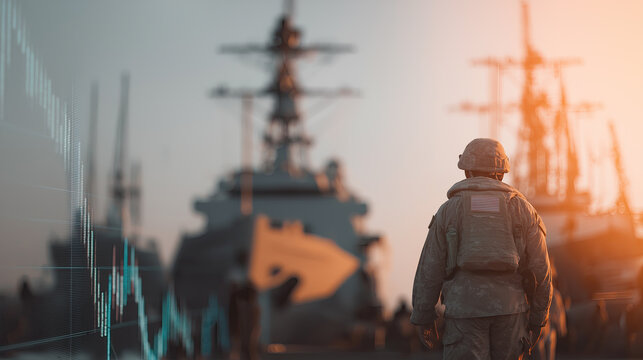 Armed soldier standing before naval warship with financial stock chart overlay at golden sunset harbor.