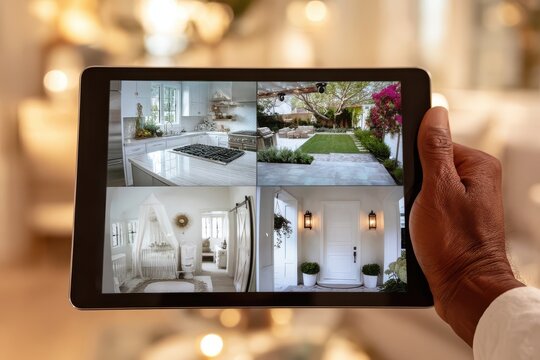 Man holding a tablet displaying a multi-camera security system view of a home's interior and exterior