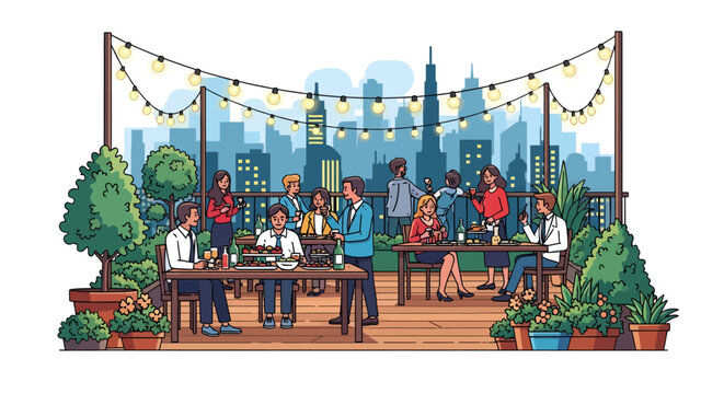 people dining on rooftop patio with city skyline background