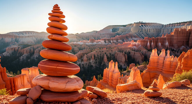 Tall cairn of balanced orange rocks against a majestic desert canyon landscape