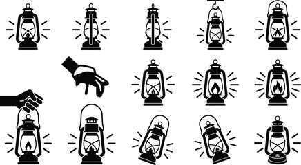 Obraz premium Eine Sammlung von Vektor-Icons, die verschiedene Petroleumlampen und Laternen in unterschiedlichen Posen und Zuständen darstellen.