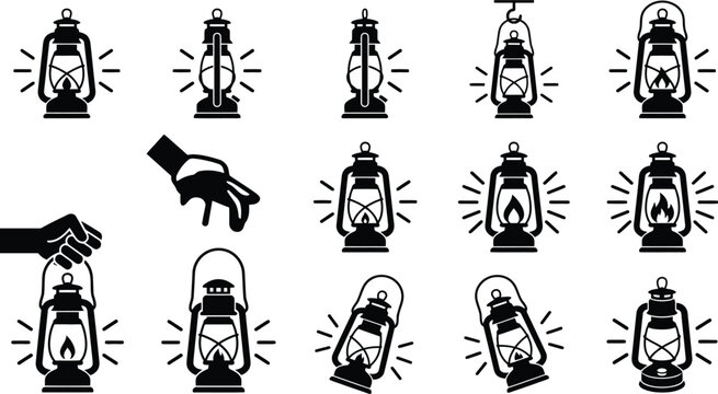 Eine Sammlung von Vektor-Icons, die verschiedene Petroleumlampen und Laternen in unterschiedlichen Posen und Zust&auml;nden darstellen.