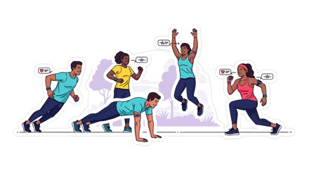 Fototapeta premium Diverse people exercising outdoors in various fitness poses