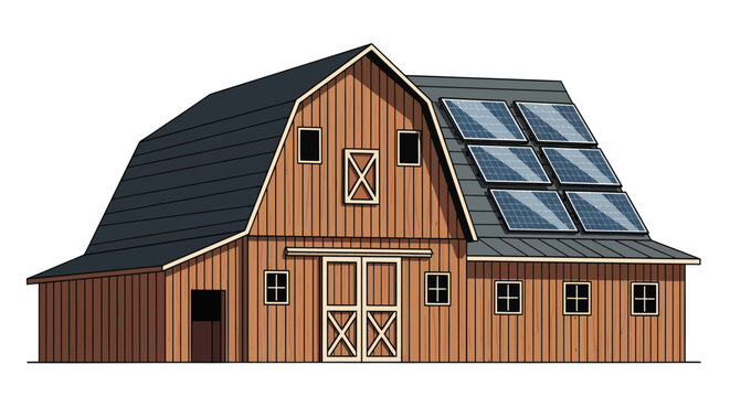 Solar powered modern rustic wooden barn house with black roof