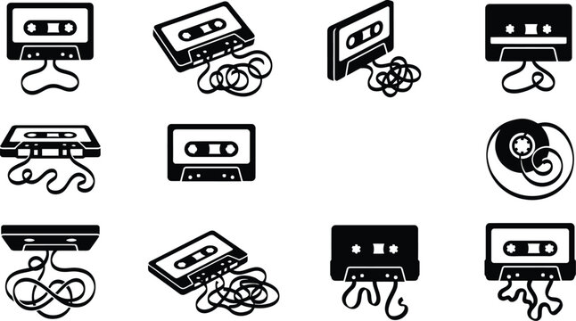 Eine Sammlung von Schwarz-Wei&szlig;-Symbolen, die Audiokassetten mit verhedderten B&auml;ndern und einige digitale Medien darstellen.