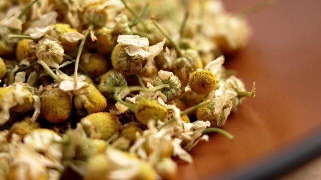 A pile of medicinal dried chamomile flowers in a bowl. Matricaria chamomilla. Traditional herbal medicine ingredient. Macro shot.