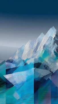 Abstract geometric mountain landscape, blue and green stylized hills digital art