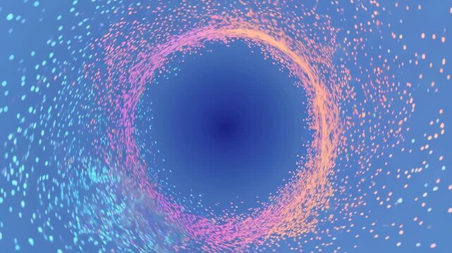 Vibrant blue background with swirling pink and orange particles forming a circle