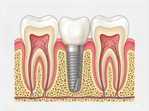 Dental implant cross section, medical illustration of tooth crown and screw, prosthetic dentistry