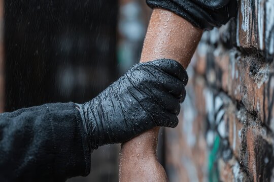 Close-up of a gloved hand pulling another person's arm up from a difficult situation in the rain.