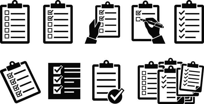 Sammlung von Piktogrammen und Symbolen zum Thema Checklisten, Aufgaben und Erledigung.