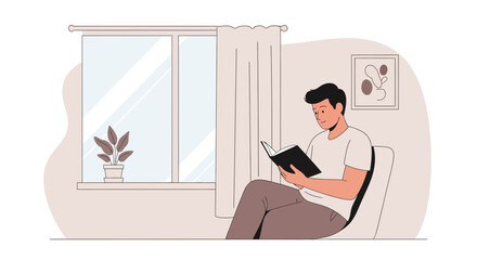 Fototapeta premium Man Reading Book Relaxing Indoors Near Window
