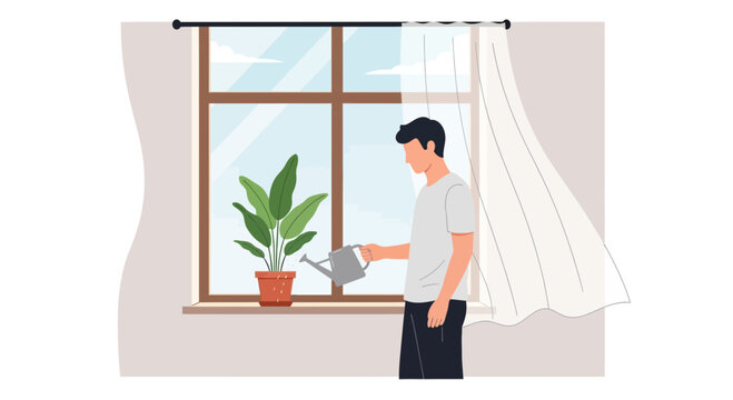 Man watering a houseplant by the window, gentle breeze blowing curtains